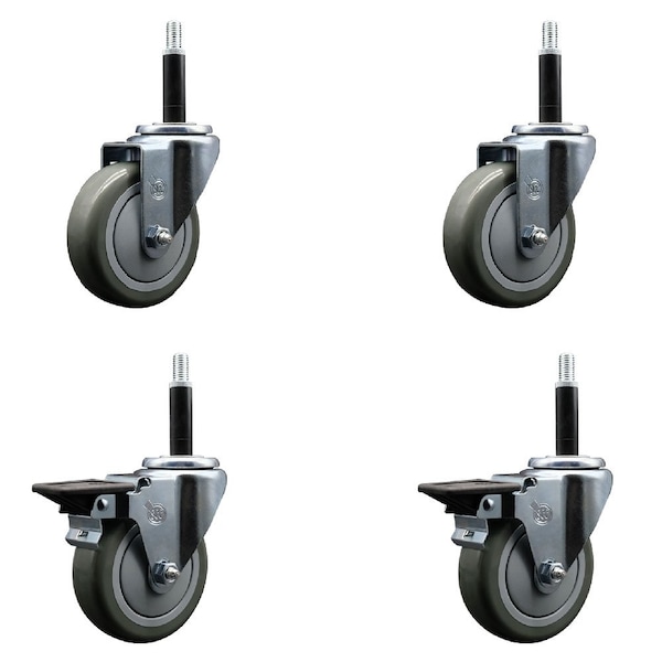 4'' Gray Poly Wheel Swivel 3/4'' Expanding Stem Caster Set 2 Brakes, 4PK